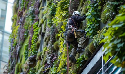 Fototapeta premium Gardening by abseiling a vertical garden, sustainable urban living
