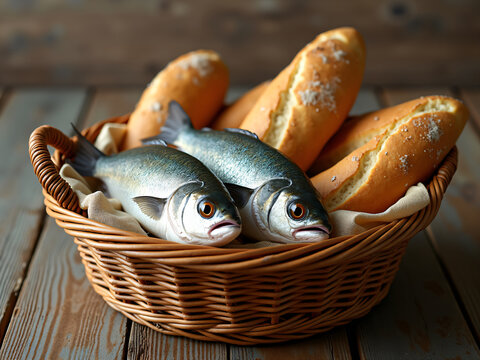Jesus feeding the multitude thousands five loaves of bread and two fish	