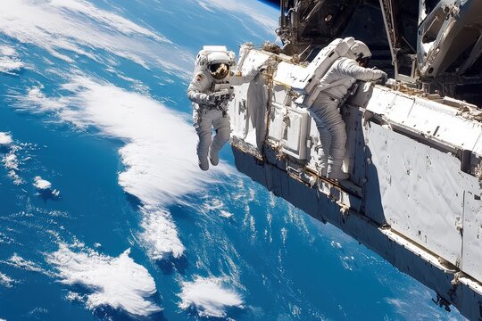 Two astronauts performing extravehicular activity on the exterior of a spacecraft, set against the vivid blue and white backdrop of Earth, showing space engineering and collaboration. - Powered by Adobe