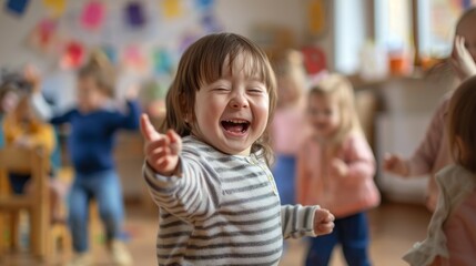Cute little girl dancing happily at nursery school
