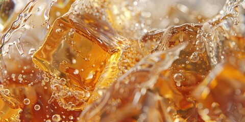 Gusher of beer, close up, cold beer, artistic, cool, ice cube, design sense, attractive, master works
