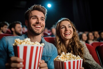A smiling couple enjoying a movie at the cinema while holding large buckets of popcorn, capturing a moment of happiness and togetherness, reflecting a classic date night experience.