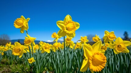 Fototapeta premium Field of bright yellow daffodil flowers in full bloom, under a clear blue sky