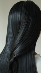 Close-up of a woman's back highlighting sleek, straight black hair