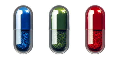 set of blue ,red ,green, capsule pill isolated on transparent background ,