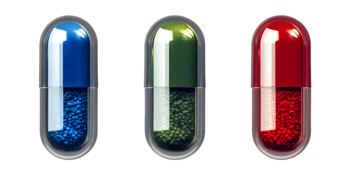 set of blue ,red ,green, capsule pill isolated on transparent background , - Powered by Adobe