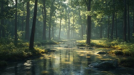 Obraz premium Serene forest with sunlight filtering through the trees and a peaceful river flowing