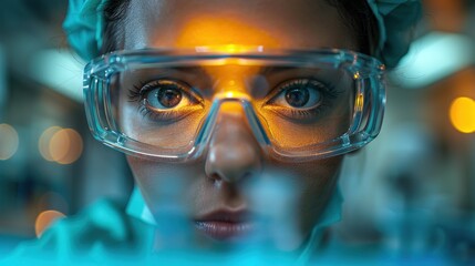 Close-Up of a Scientist Looking Through Safety Glasses
