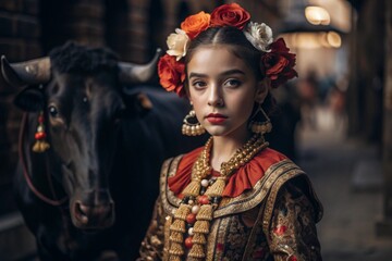 Fototapeta premium A Spanish girl in a traditional Spanish national costume. Against the background of a bull. Bullfighting. The portrait symbolizes the traditions and culture of the people of Spain.