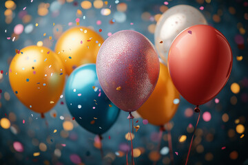 “Sparkling Celebration with Colorful Balloons and Confetti”. 3d illustration.