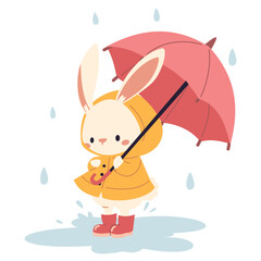 Flat vector illustration in children's style on white background. Cute rabbit in raincoat and rubber boots holding an umbrella in the rain. Cute fall illustration. Vector illustration