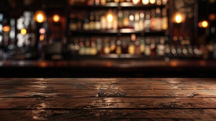 Blurred bar background with antique wooden desk space.