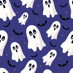 Fototapeta premium Cute and scary ghosts pattern on purple isolated background. Vector mystical ghosts in halloween night style. For halloween decor, prints, wrapping paper.