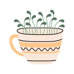 Sprouted microgreens of fenugreek, watercress in a ceramic cup. Vector flat illustration.