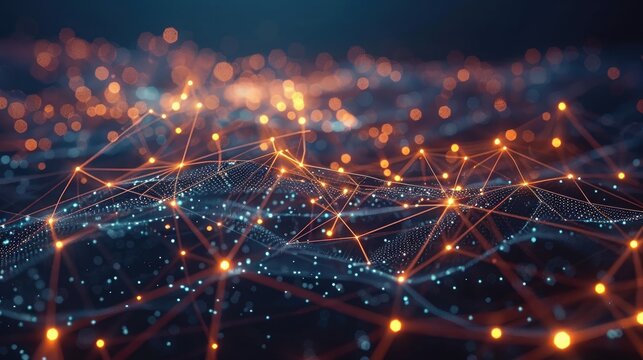 Abstract network of glowing lines and nodes on a dark background, representing connectivity, technology, and data flow.