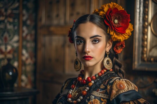 A Spanish girl in a traditional Spanish national costume. Against the background of a bull. Bullfighting. The portrait symbolizes the traditions and culture of the people of Spain.