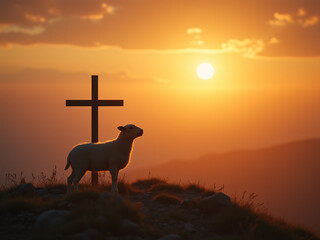 Concept of resurrection of Jesus Christ lamb of God in front with cross in background and sunset