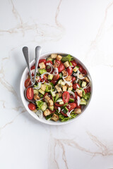 Tuscan Panzanella, traditional Italian salad with tomatoes and bread. Vegetarian panzanella salad. Mediterranean healthy food.