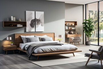 A minimalist modern bedroom with a calming gray color palette, featuring a sleek wooden bed, simple yet elegant decor, and cozy seating area.