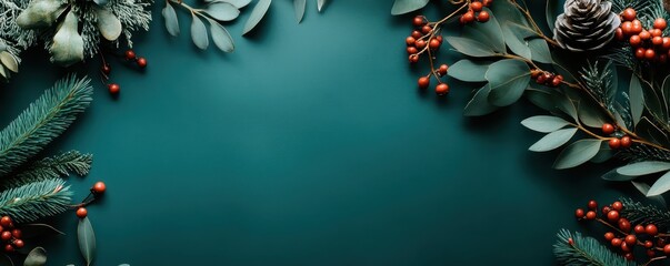 Elegant Christmas frame with pinecones, red berries, and green leaves on a deep teal background. Perfect for holiday design and decoration.