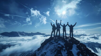 Group of men standing on mountain top celebrating success