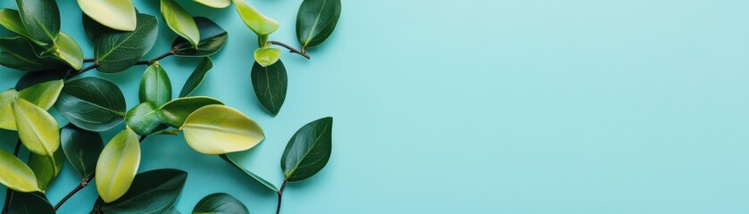 Obraz premium Green and yellow leaves on light blue background. Fresh foliage arrangement for natural, eco-friendly designs or botanical themes.