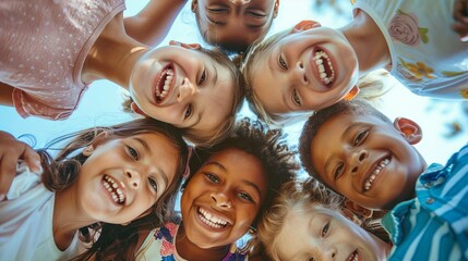 Diverse group of children hugging each other in a circle, celebrating National Hug Day