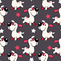 Vector seamless repeating childish pattern with cute dogs in doodle style. Animals background with dog, pets, puppy for invitation, poster, card, flyer, textile, fabric