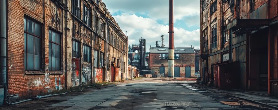 Old abandoned industrial complex with weathered brick walls and smokestack under a cloudy sky.
