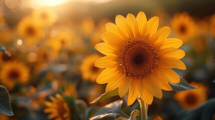 Fototapeta premium Golden Sunflower Field at Sunset