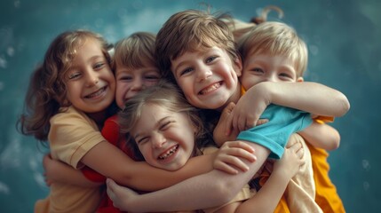 Diverse group of children hugging each other in a circle, celebrating National Hug Day