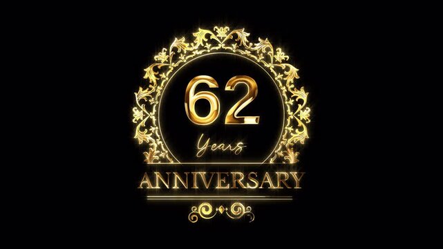 62nd Anniversary Celebration. Happy 62 Years Anniversary Animation in Gold Color on the Transparent Background, Alpha Channel. Great for greetings, celebrations, events, and gifts.