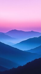 Fototapeta premium A digital art of mountains at dusk, with gradients from deep purple to pink and blue, capturing the serene beauty of nature's silhouette against the sky