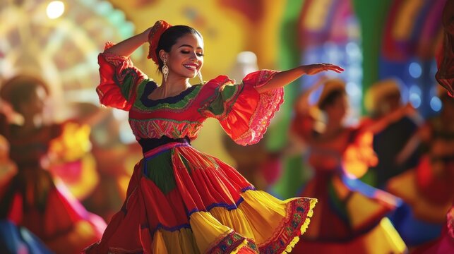 Woman in vibrant traditional attire with colorful flowers in her hair, dancing joyfully. Blurred background of people and instruments. Concept of cultural celebration