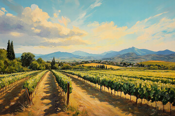 Fototapeta premium Grape fields with distant mountains in the background on a bright sunny day. Vintage oil painting
