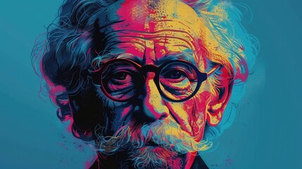 Abstract portrait of an elderly man with colorful hair and mustache, wearing glasses, against a blue background.