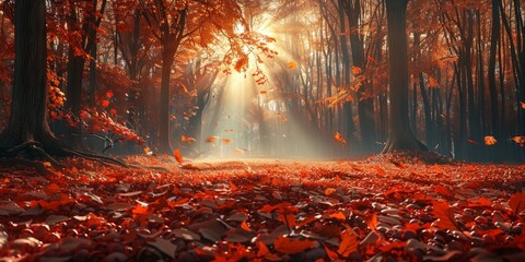 Vibrant autumn canopy with a forest floor carpeted in leaves