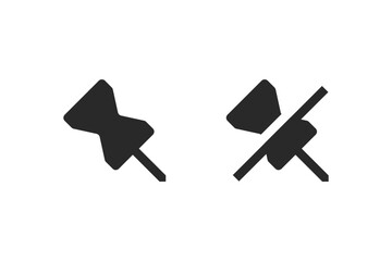 Pin and unpin black buttons isolated on white background. Attach note symbol. Vector icons in flat style