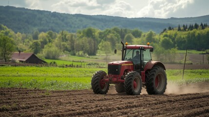 Fototapeta premium Red tractor plowing fertile farmland under a cloudy sky in springtime