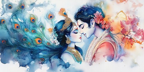 Watercolor painting of Radha Krishna love peacock feathers flowers romantic art traditional n culture hindu religious god goddess love story divine couple