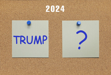 Two sheets of paper with the words Trump and a question mark written on them