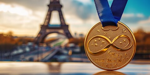 Close up of gold medal with blurry Eiffel tower background. Olympic games concept.