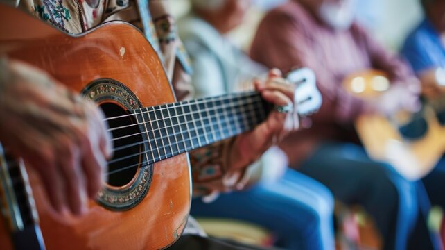 elderly person skillfully playing an acoustic guitar during a group music session