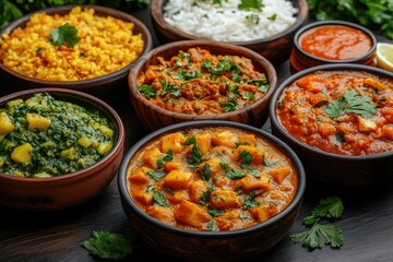 Assortment of indian dishes is served on a rustic wooden table