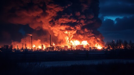 Fiery Night Scene Oil Depot Blaze