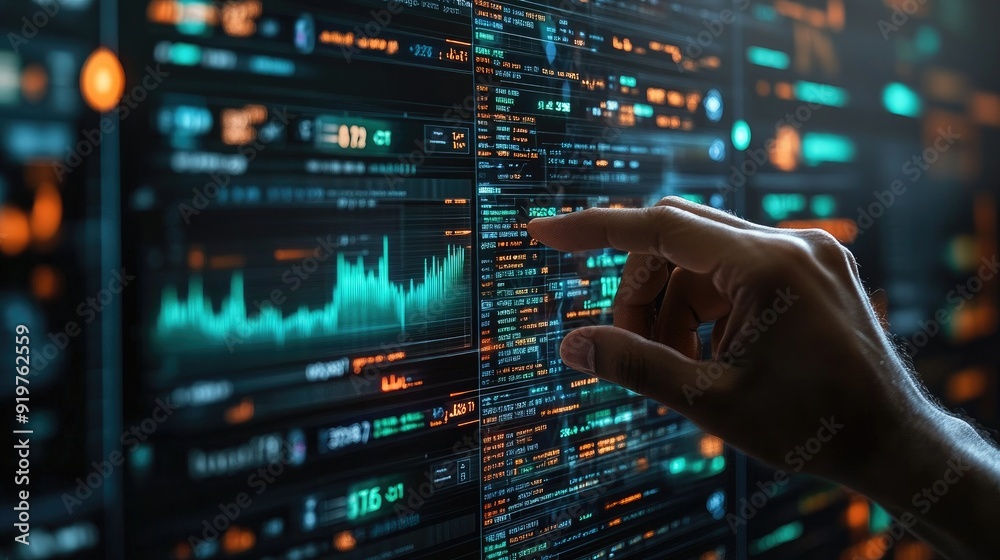 Poster Businessman analyzing financial data on transparent interactive screen