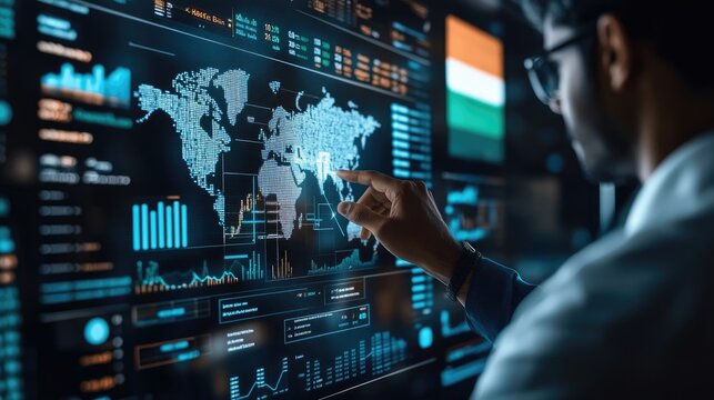 It specialist working with interactive world map touchscreen display