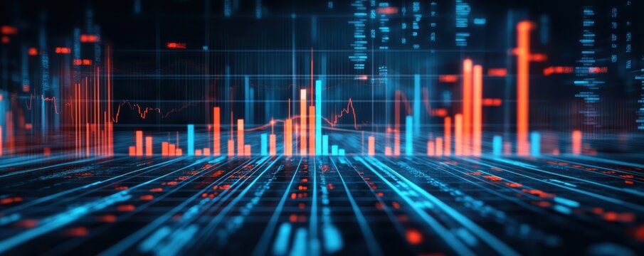 Abstract digital data analysis and financial chart. Futuristic blue and orange glowing graph on black background.