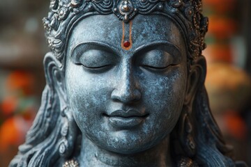 Ancient stone statue of indian god expressing serenity