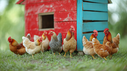Vibrant Group of Chickens Roaming Freely by Colorful Coop in Pastoral Setting